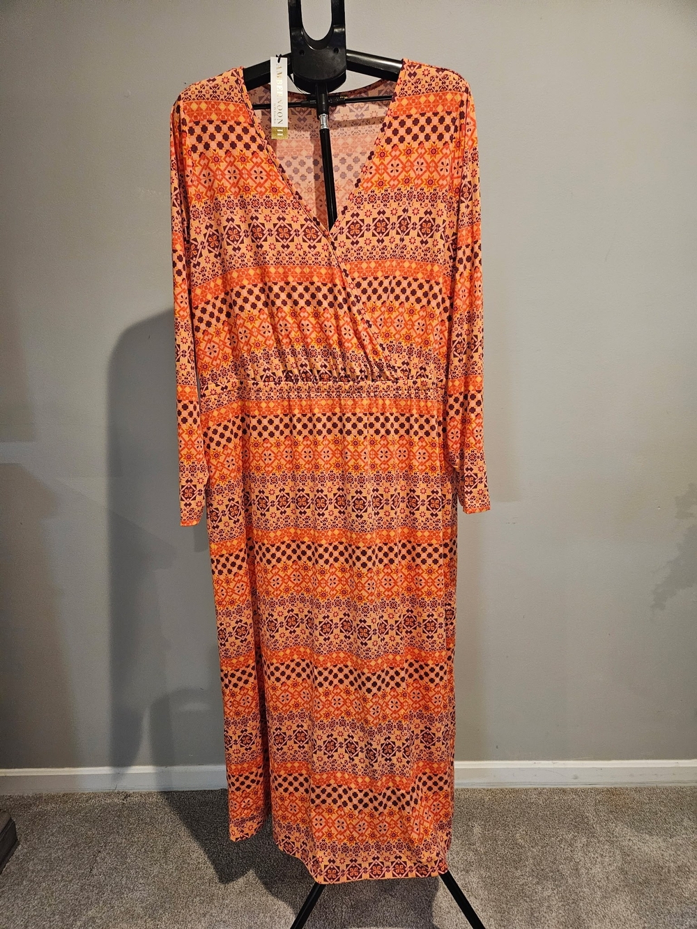 Printed Orange Long Sleeve Maxi Dress with V-Neck
